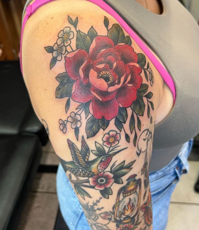 Fresh Peony Shoulder Cap Tattoo