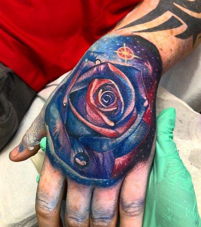 Beautiful Space Rose Tattoo on Hand