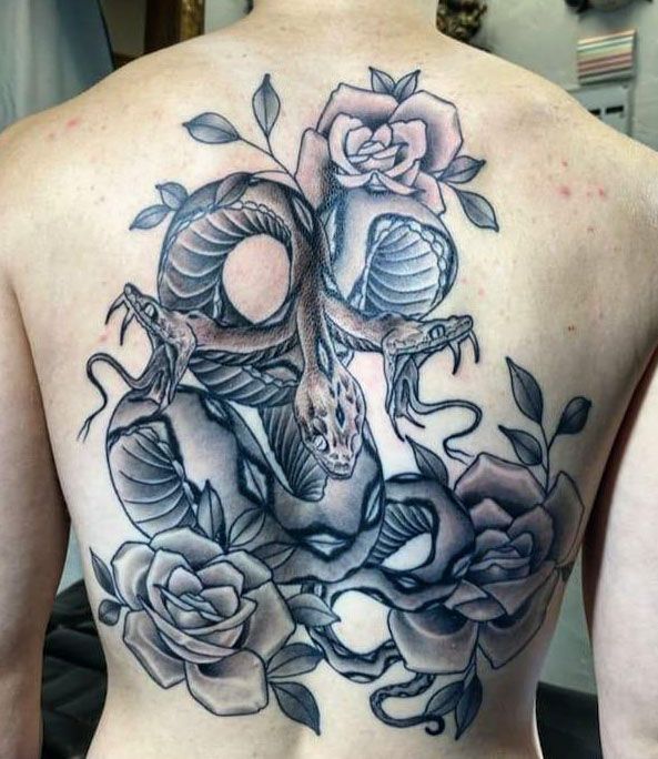 3 Headed Snake Tattoo with Flower on Back