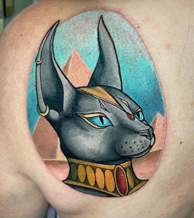 Round Bastet Tattoo on Shoulder