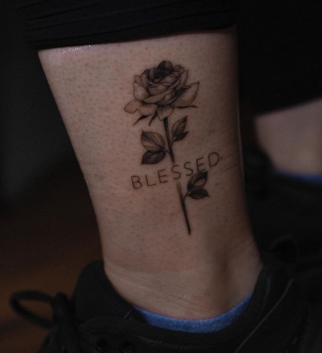 Pretty Blessed Rose Tattoo on Ankle