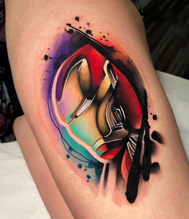 Abstract Cartoon Ironman Tattoo on Leg