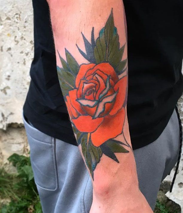 Beautiful Orange Rose Tattoo on Arm