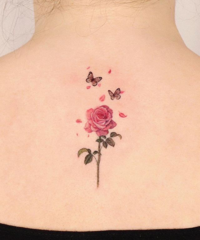 Pink Rose Tattoo with Butterfly on Back