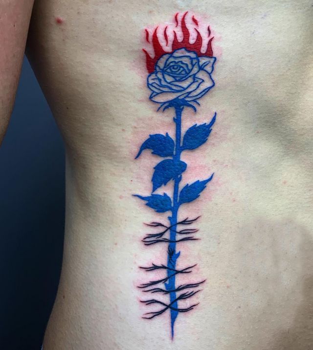 Blue Rose on Fire Tattoo on Waist