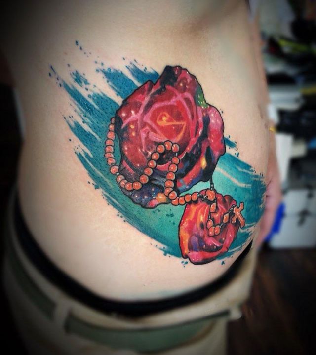 Very Nice Space Rose Tattoo on Belly
