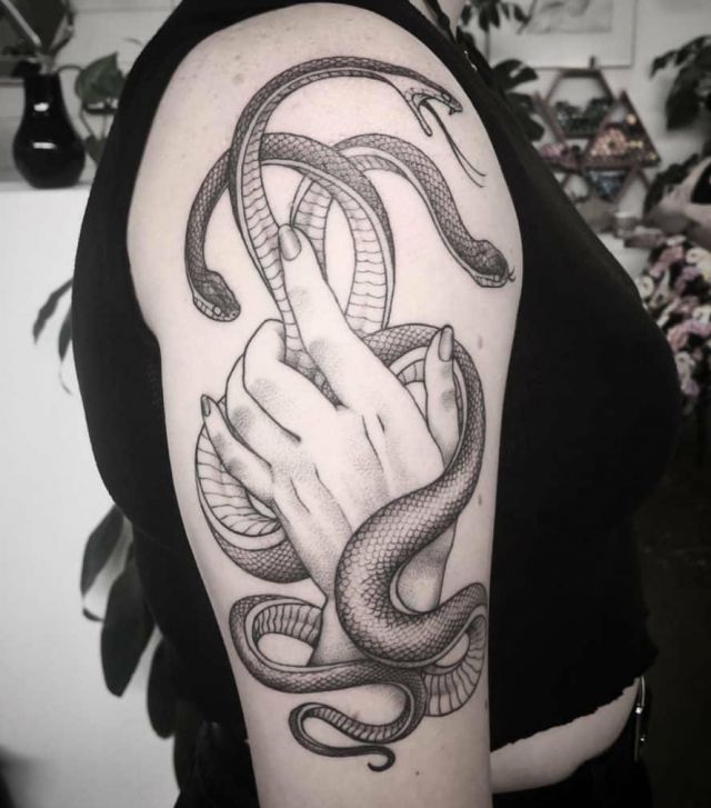 3 Headed Snake in Hand Tattoo on Shoulder