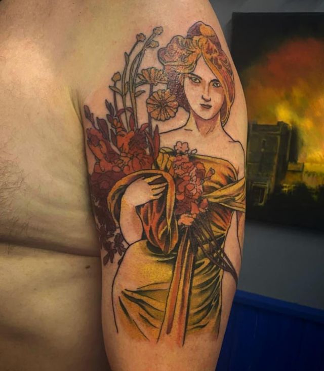 Pretty Alphonse Mucha Tattoo on Upper Arm
