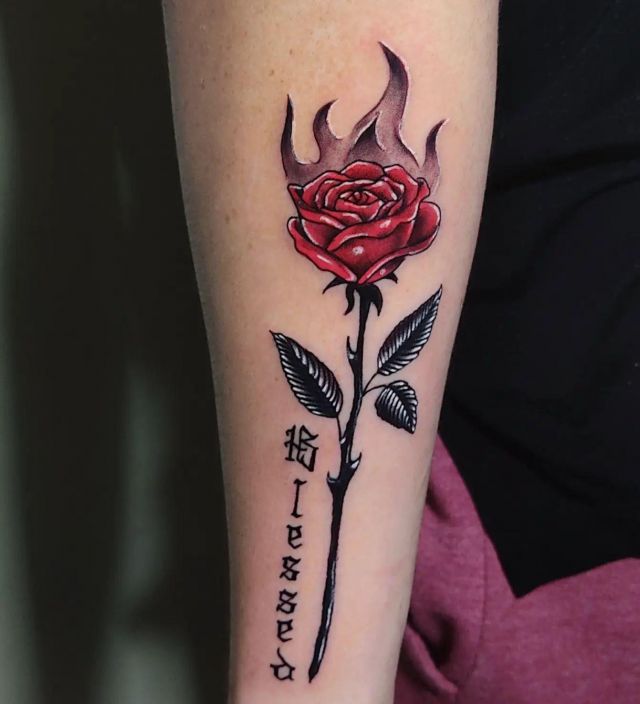 Pretty Blessed Rose Tattoo with Fire on Forearm