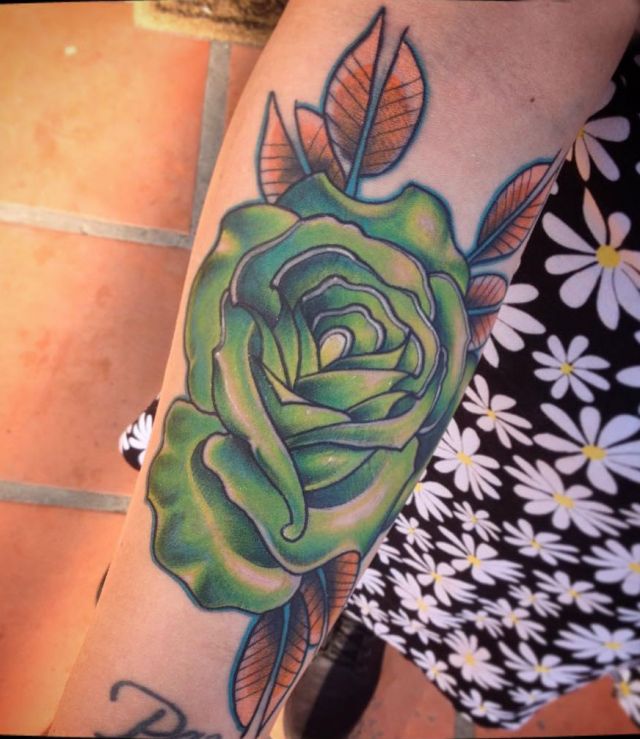 Pretty Green Rose Tattoo on Arm