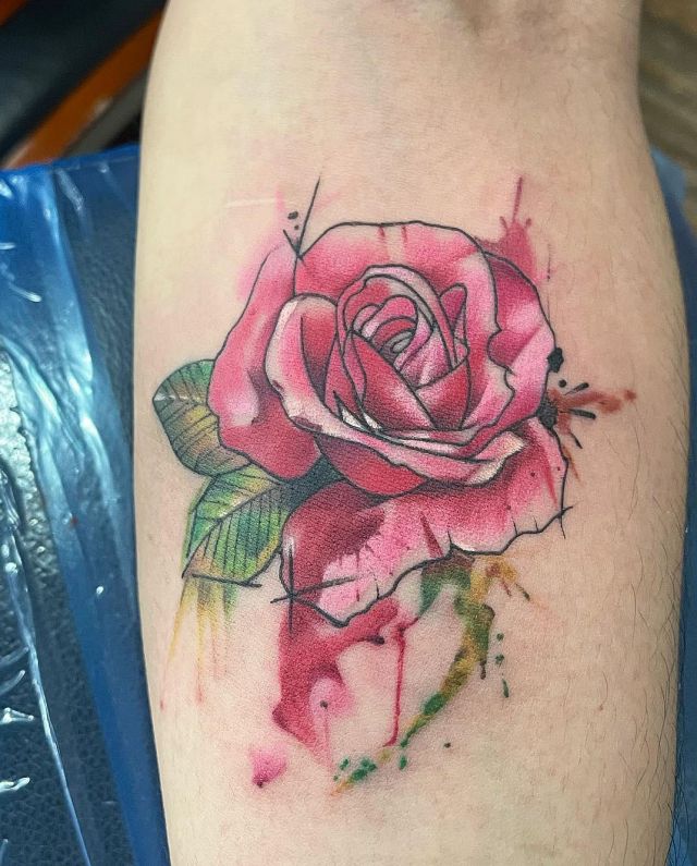Watercolor Pink Rose Tattoo on Leg