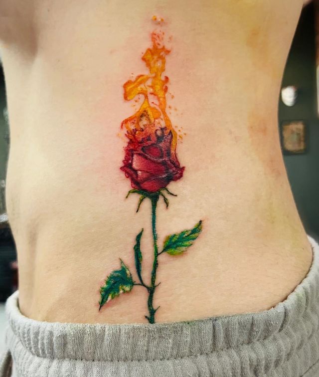 Red Rose on Fire Tattoo on Waist