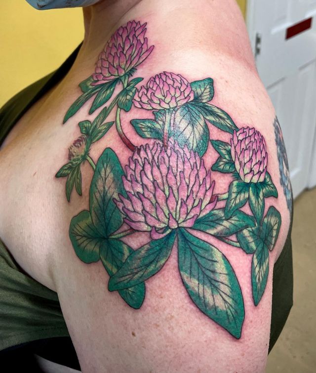 Red Clover Shoulder Cap Tattoo