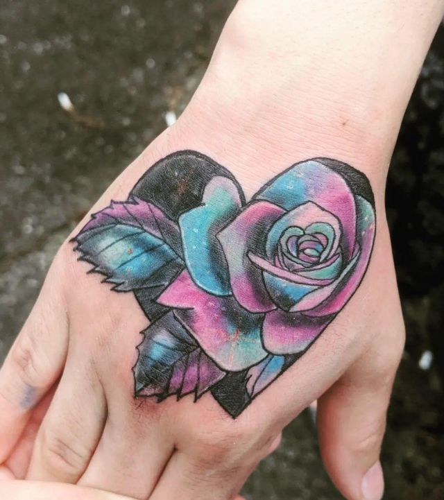 Heart Shaped Space Rose Tattoo on Hand