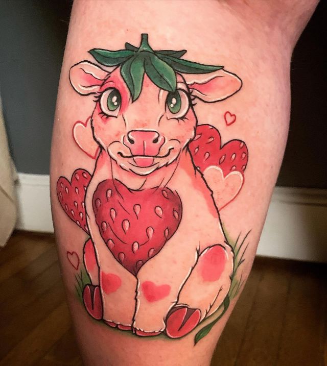 Heart Strawberry Cow Tattoo on Leg