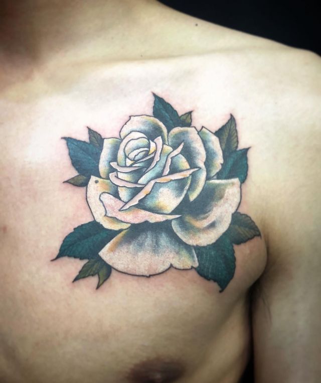 Pretty White Rose Tattoo on Chest