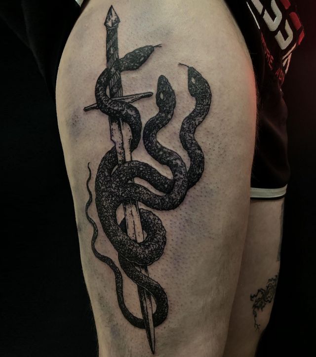 Black 3 Headed Snake Tattoo whith Sword on Leg