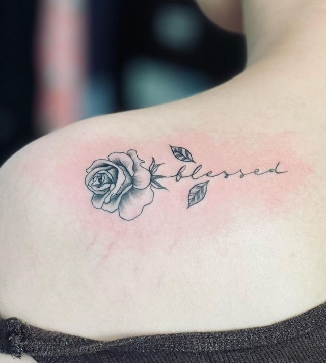 Elegant Blessed Rose Tattoo with Fire on Shoulder