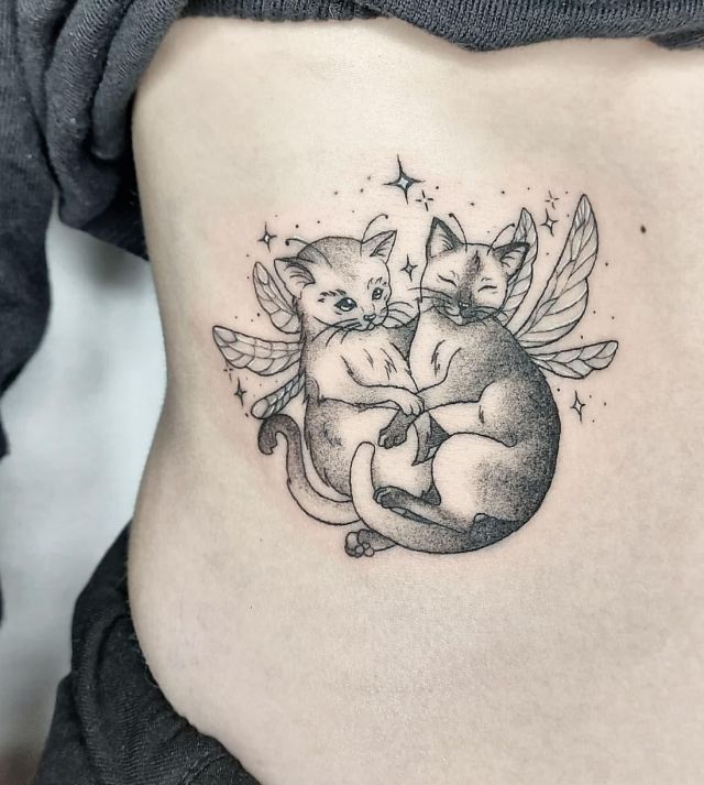 Two Fairy Cat Tattoo on Belly