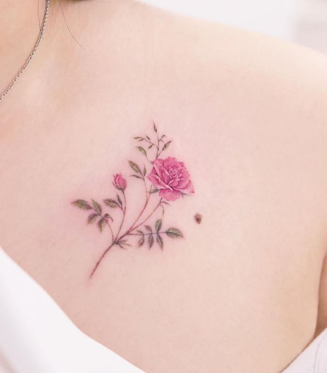 Elegant Pink Rose Tattoo on Clavicle