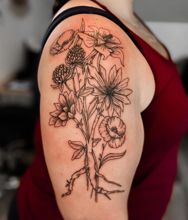 Unique Red Clover Tattoo on Shoulder