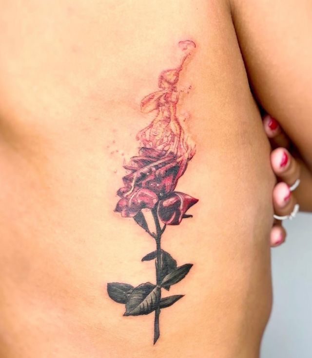 Vivid Rose on Fire Tattoo on Waist