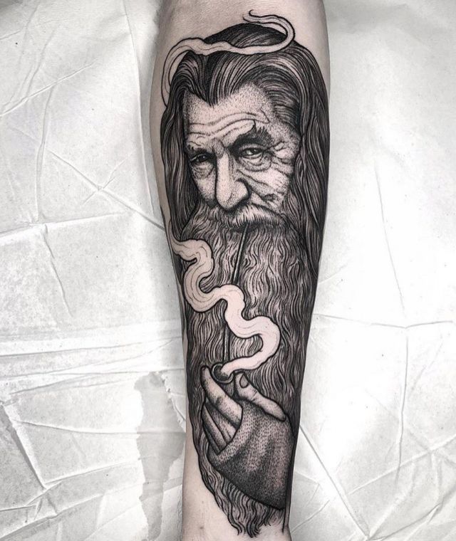 Black Gandalf Tattoo on Leg