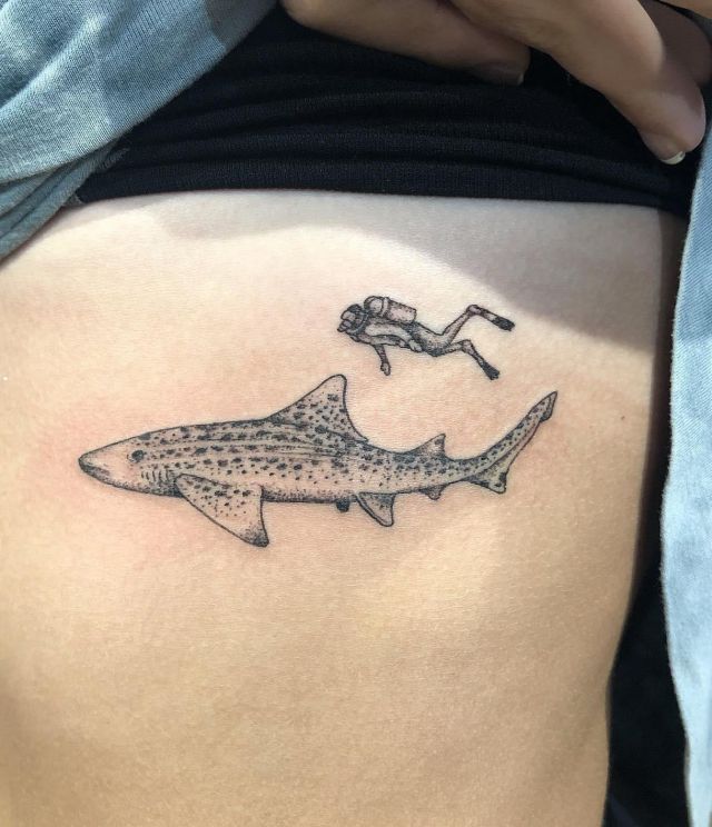 Elegant Leopard Shark and Diver Tattoo
