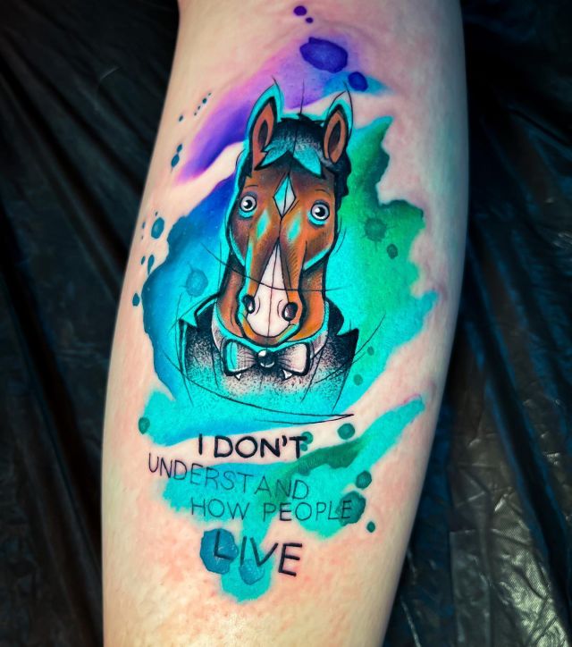 Watercolor Bojack Horseman Tattoo on Leg