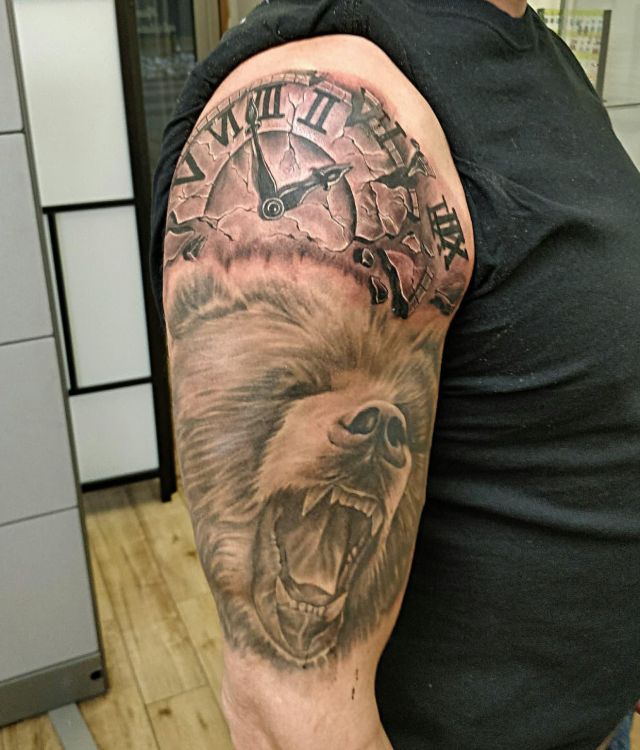 Bear Broken Clock Tattoo on Upper Arm