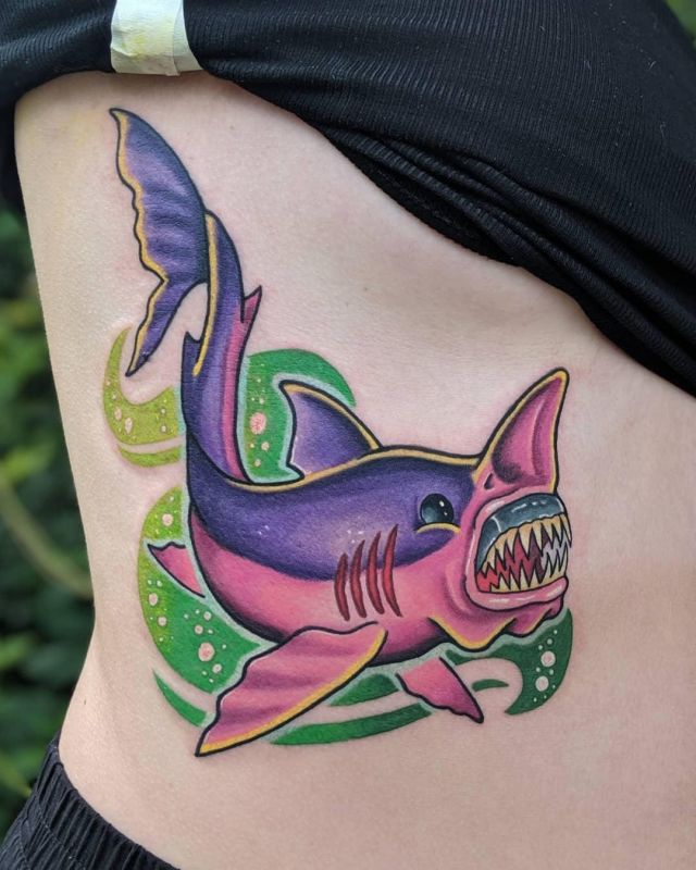 Cartoon Goblin Shark Tattoo on Belly