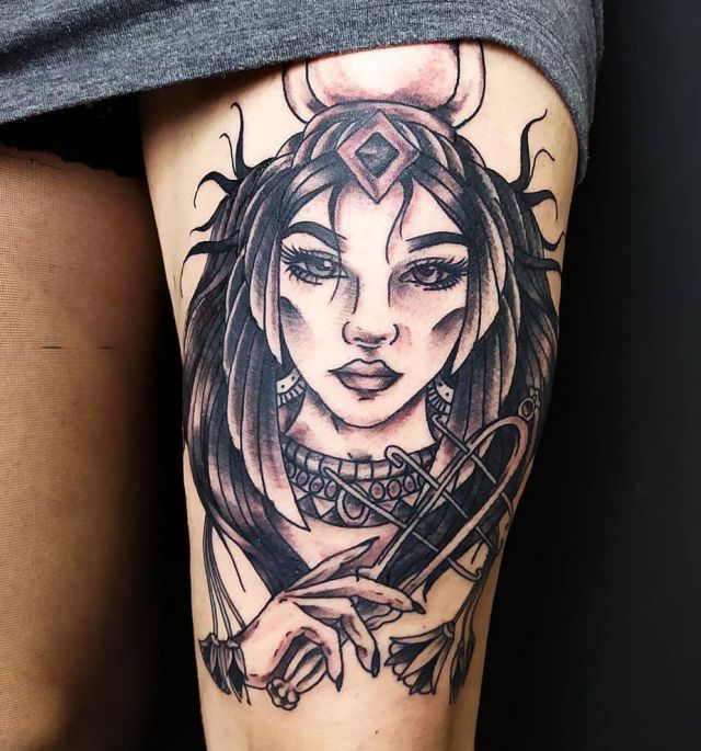 Elegant Hathor Tattoo on Thigh