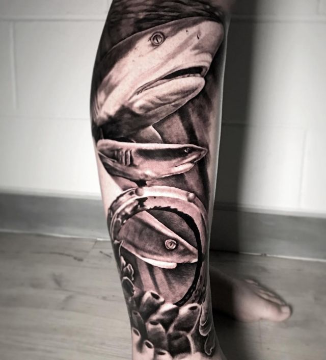 Realistic Reef Shark Tattoo on Leg