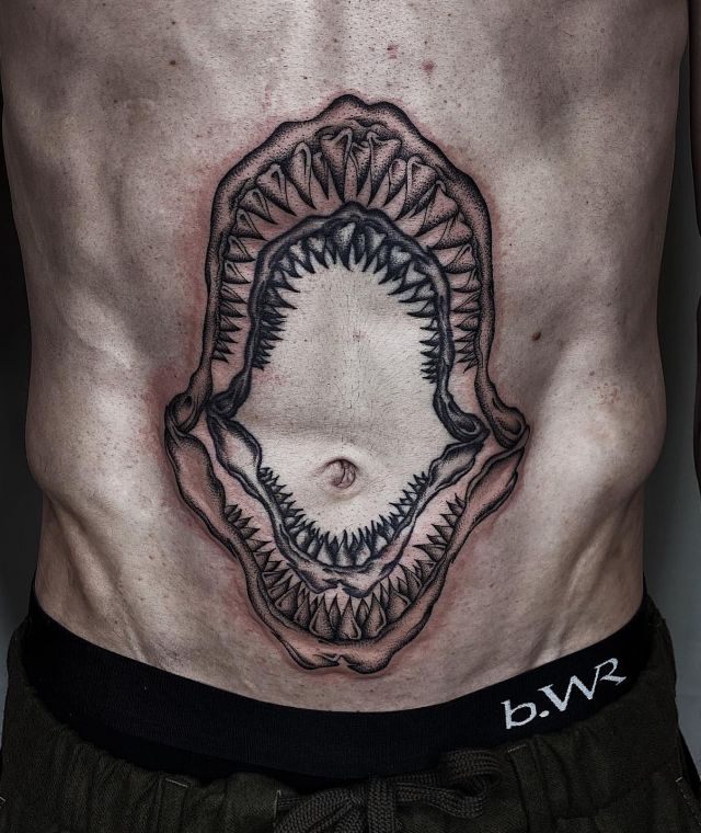 Amazing Shark Jaw Tattoo on Belly