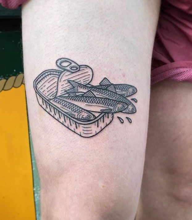 Canned Anchovy Tattoo on Leg
