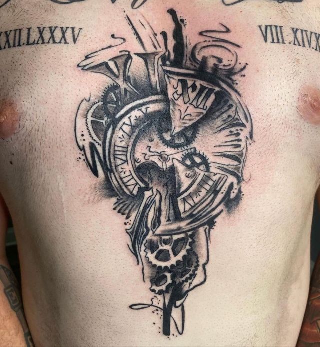 Graffiti Broken Clock Tattoo on Chest