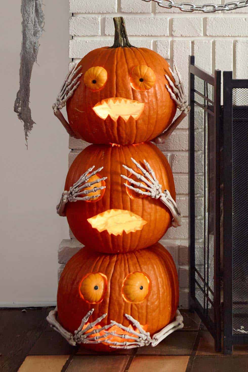 Hear No Evil, See No Evil, Speak No Evil Carved Pumpkin For Halloween