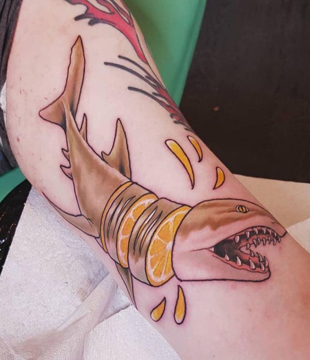 Angry Lemon Shark Tattoo on Leg