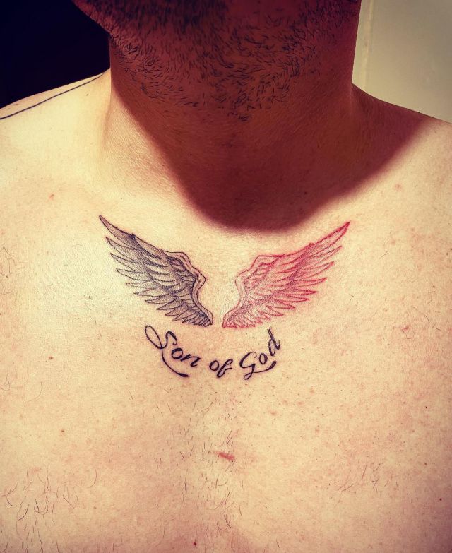 Wing and Son of God Tattoo on Chest