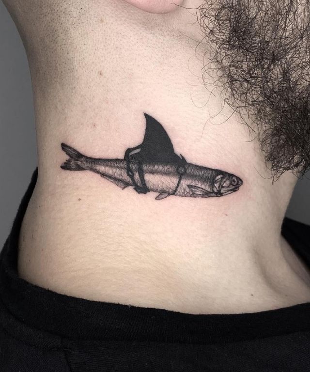 Unique Anchovy Tattoo on Neck
