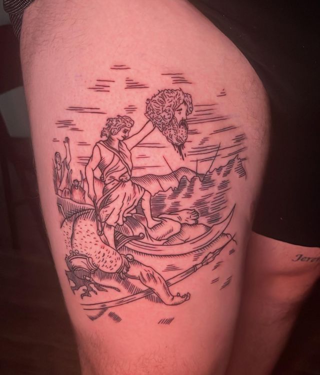 Cool David and Goliath Tattoo on Thigh