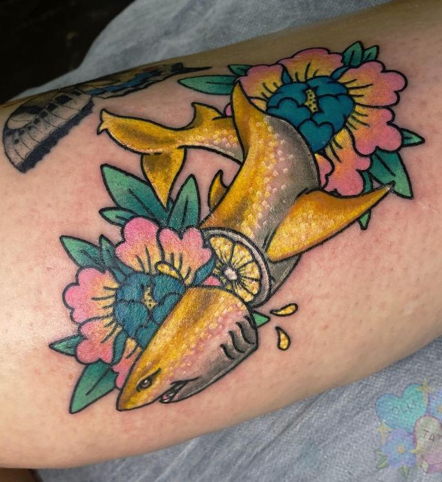 Flower Lemon Shark Tattoo on Arm
