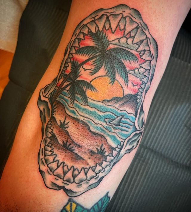 Elegant Shark Jaw Tattoo on Elbow