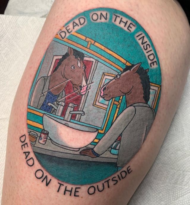 Oval Bojack Horseman Tattoo on Leg