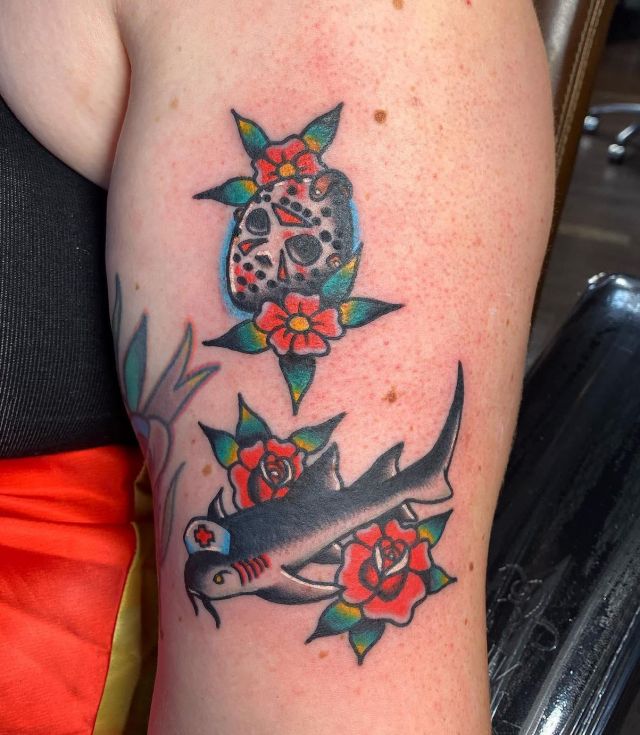 Elegant Nurse Shark Tattoo with Flower on Shoulder