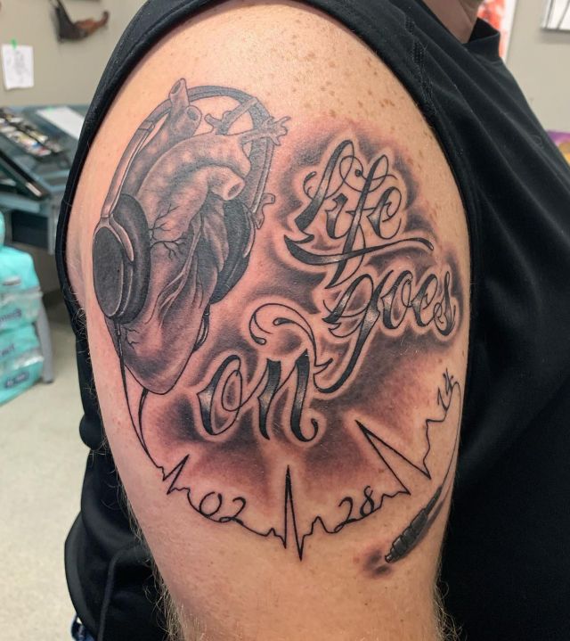 Heart and Life Goes On Tattoo on Shoulder