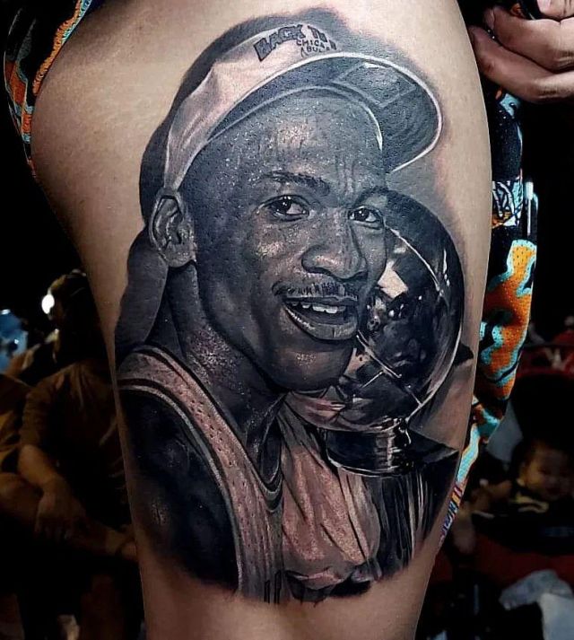 Realistic Michael Jordan Tattoo on Thigh