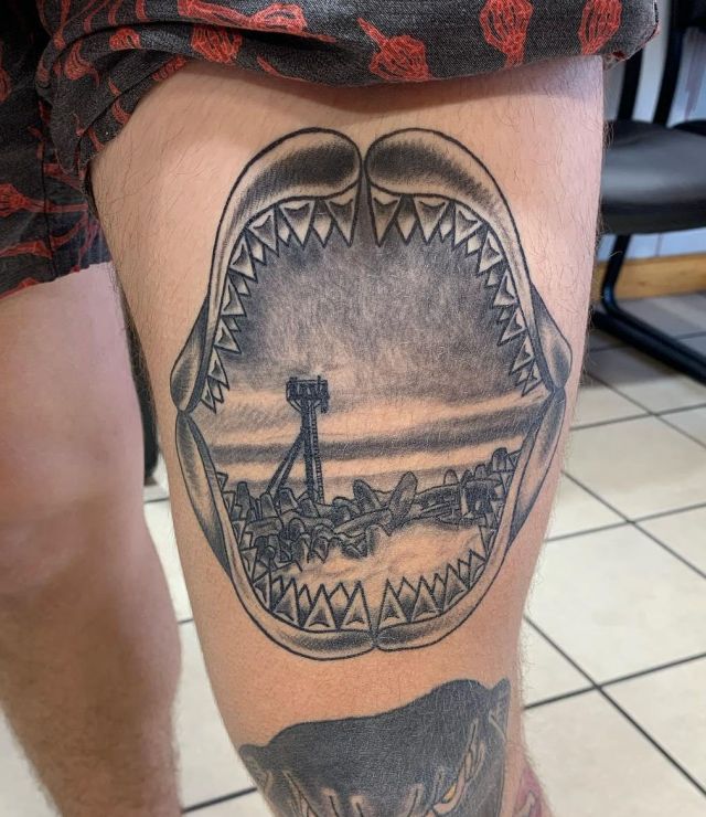 Black Shark Jaw Tattoo on Thigh