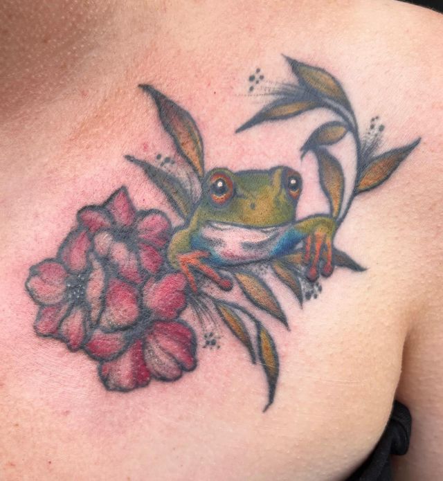Tree Frog and Flower Tattoo on Clavicle