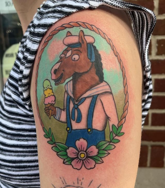 Oval Bojack Horseman Tattoo on Shoulder